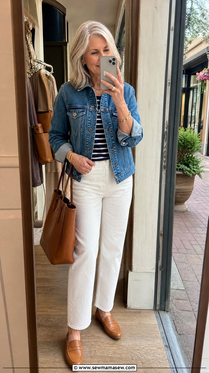 Classic denim jacket with white jeans - 25 How to style a denim jacket over 50