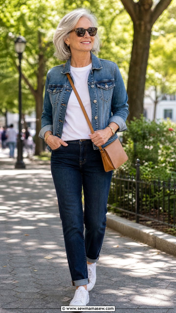 Classic denim jacket with white tee and straight leg jeans - 25 How to style a denim jacket over 60