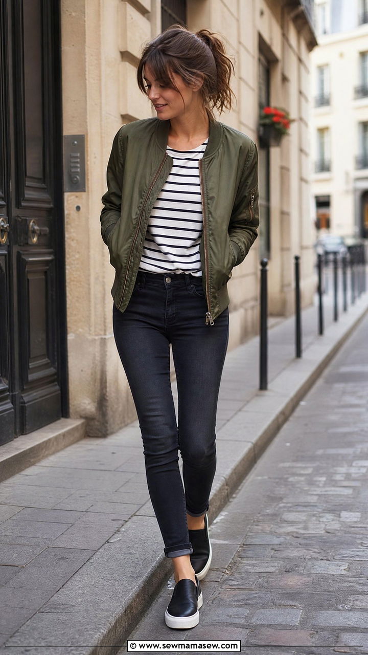 Classic nylon bomber jacket with striped tee and skinny jeans - 30 Bomber jacket outfit ideas with jeans
