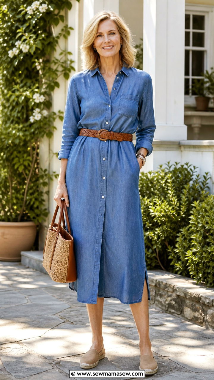 Classic shirtdress with woven belt and flats spring outfit - 40 Spring outfit ideas for women over 40 2026