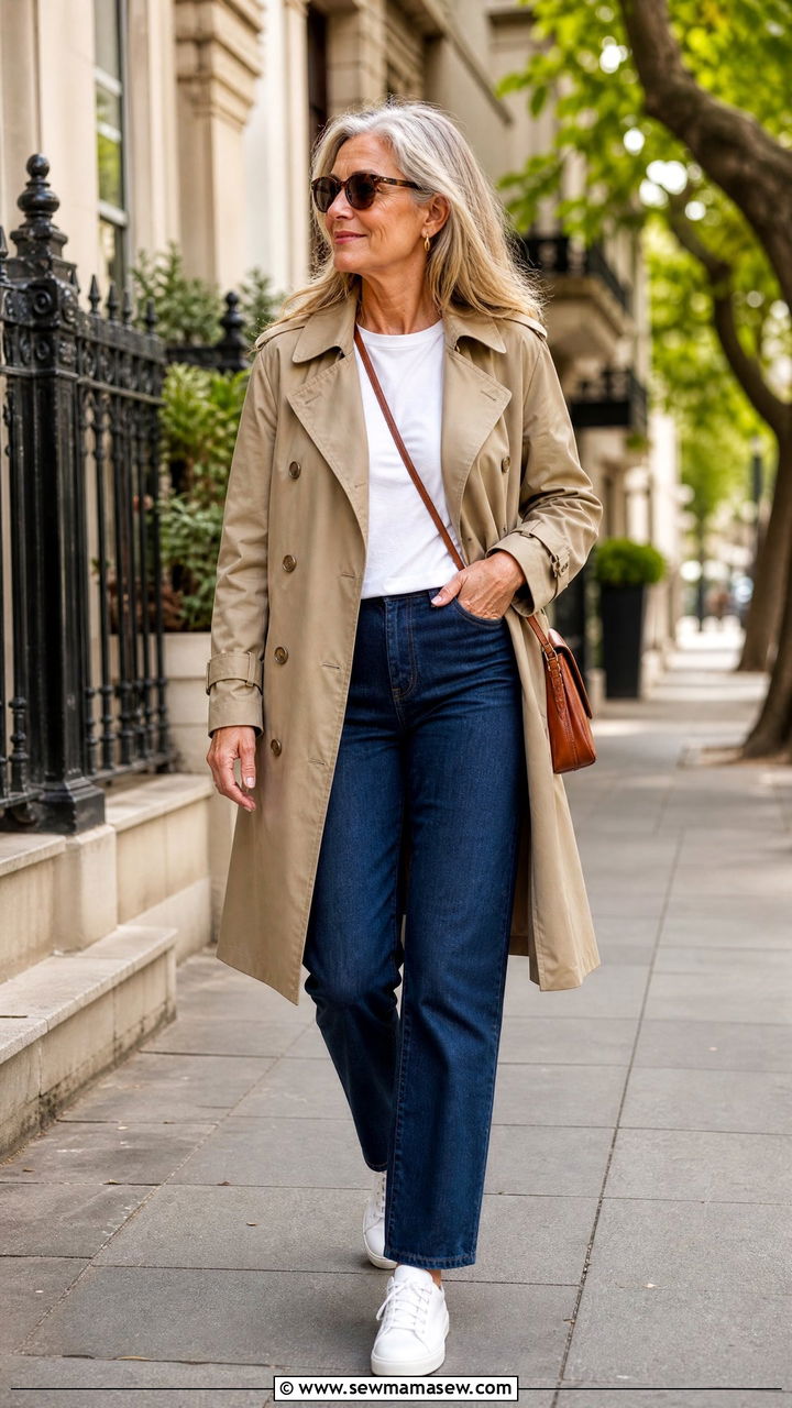 Classic trench coat and straight leg jeans outfit over 60 - 20 Fashion mistakes to avoid over 60
