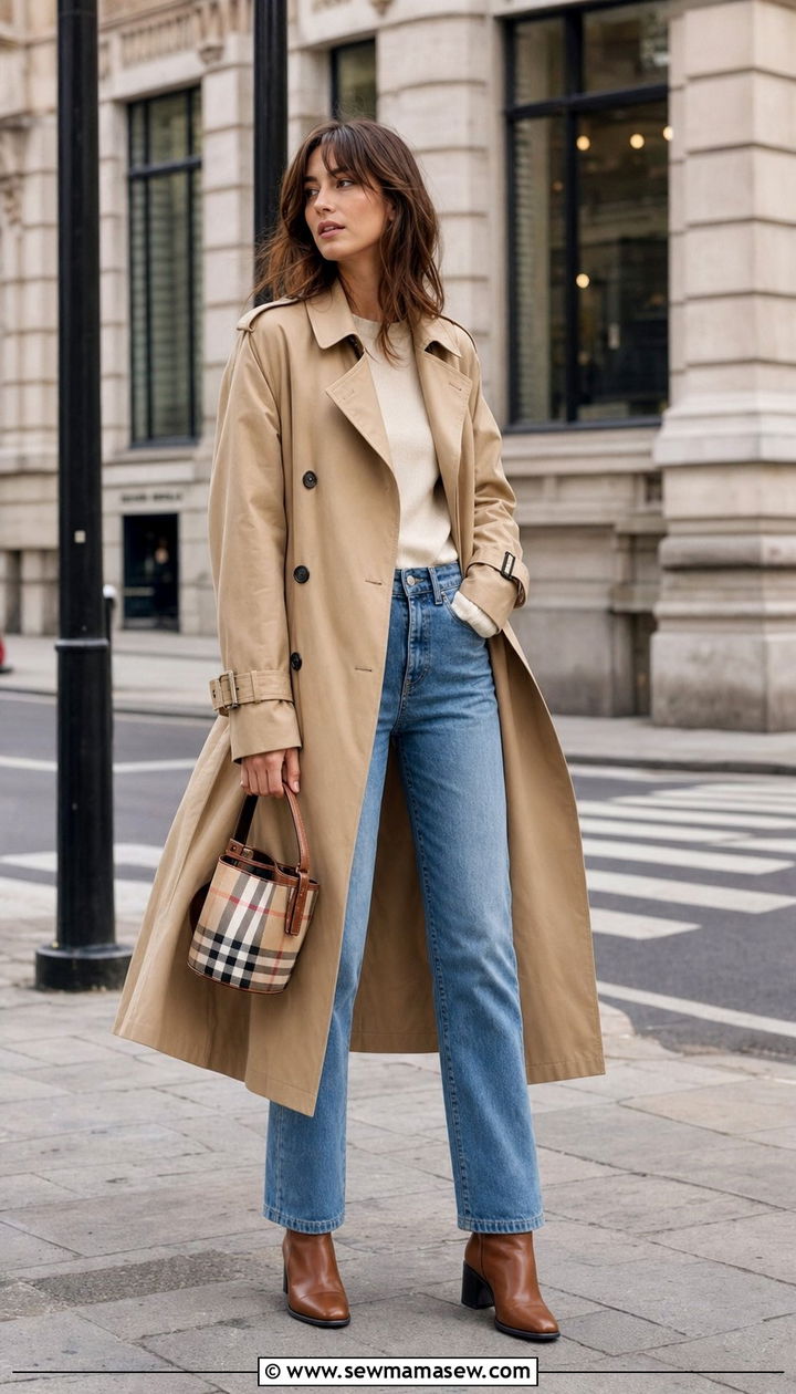 Classic trench coat and straight leg jeans with a check print bucket bag - 35 Bucket bag outfit ideas