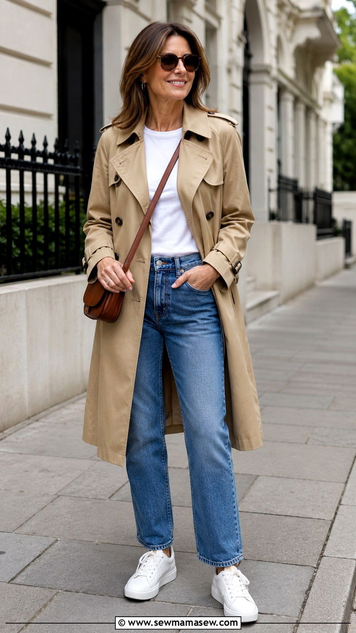 Classic trench coat over a tee and straight jeans - 30 Outfit ideas for women over 40 errands