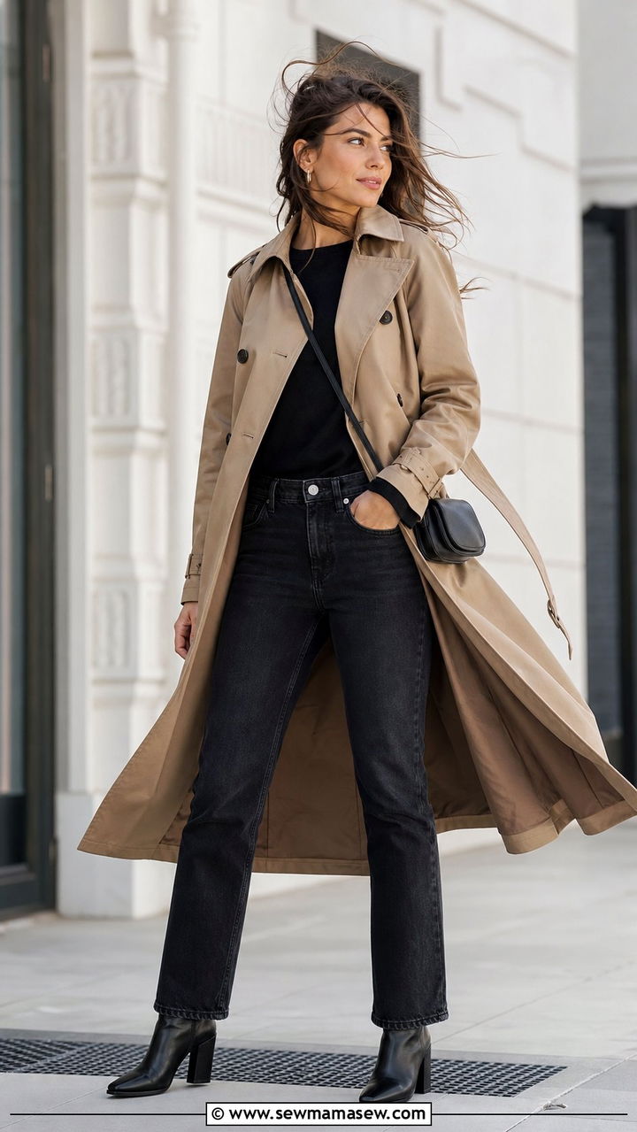 Classic trench coat with dark jeans and ankle boots - 25 classy windy day outfits