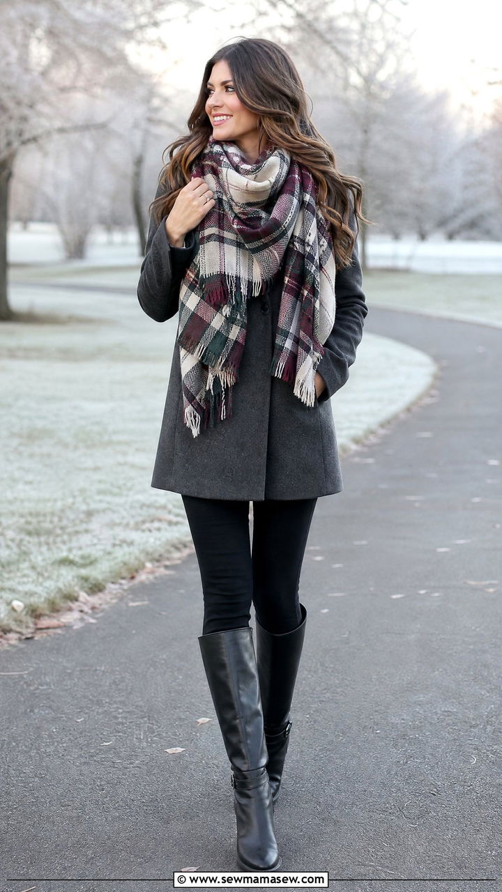Classic wool car coat with a plaid scarf and dark skinny jeans - 30 First cold day outfits