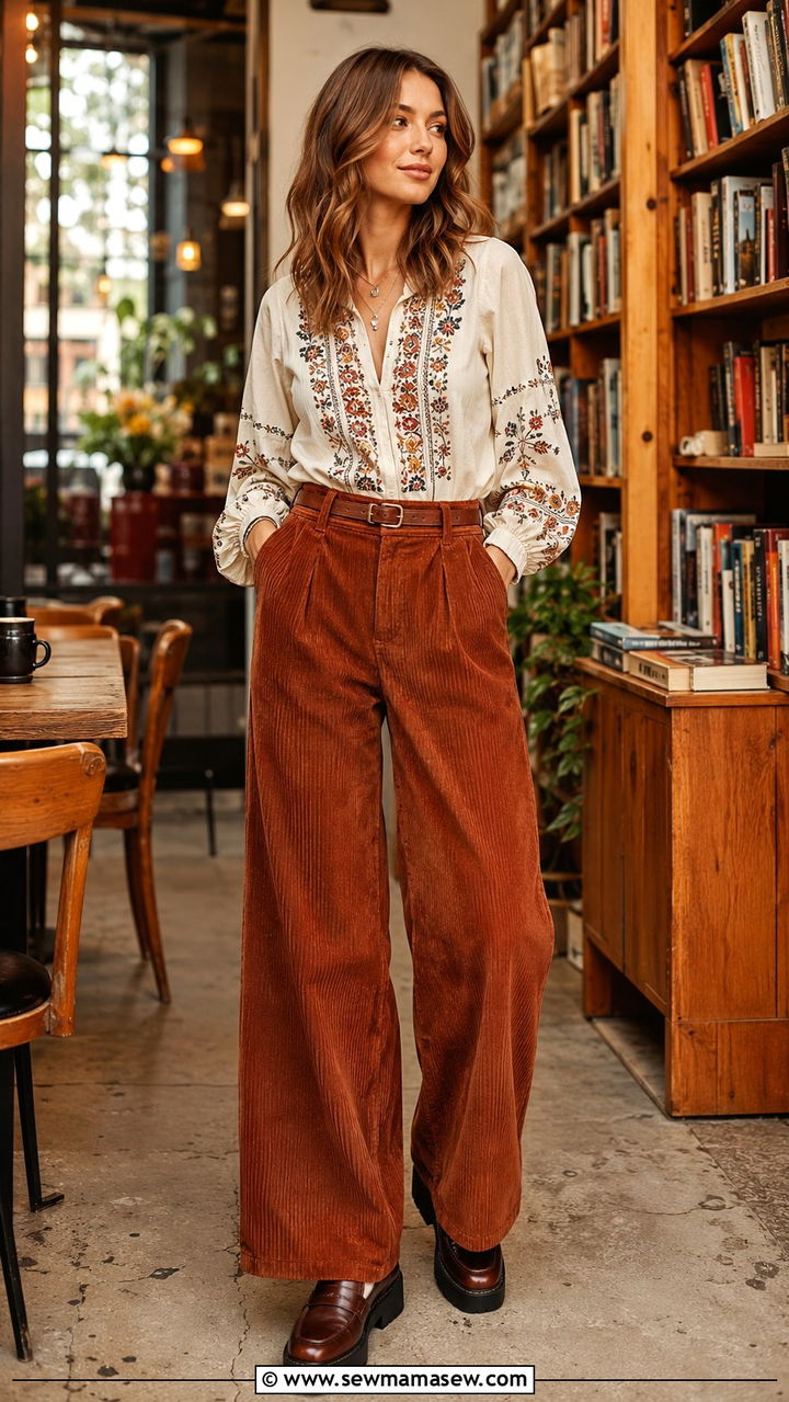 Classy Boho Corduroy Trousers with Folk Blouse - 30 classy boho outfit ideas