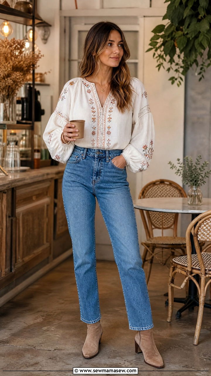 Classy Boho Embroidered Peasant Blouse with Jeans - 30 classy boho outfit ideas
