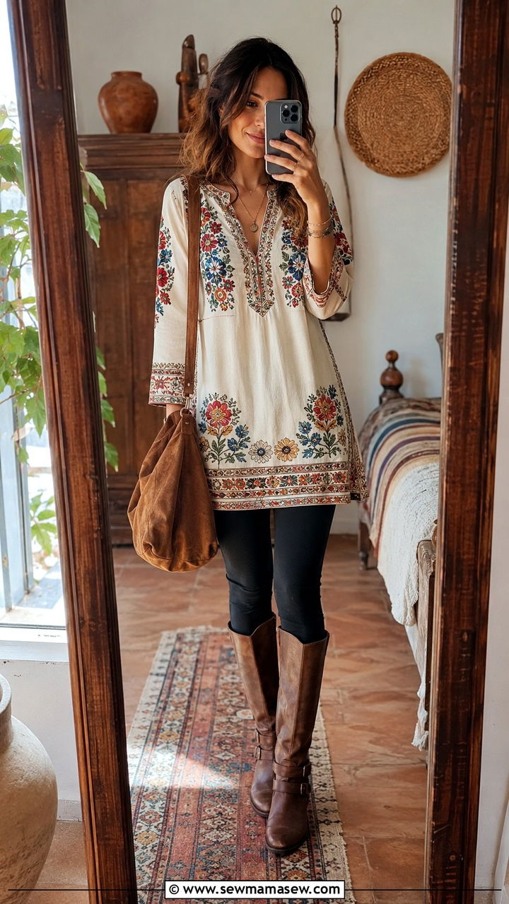 Classy Boho Embroidered Tunic with Leggings - 30 classy boho outfit ideas