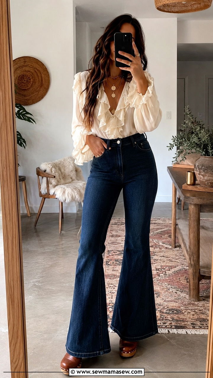 Classy Boho Flare Jeans with Ruffled Blouse - 30 classy boho outfit ideas