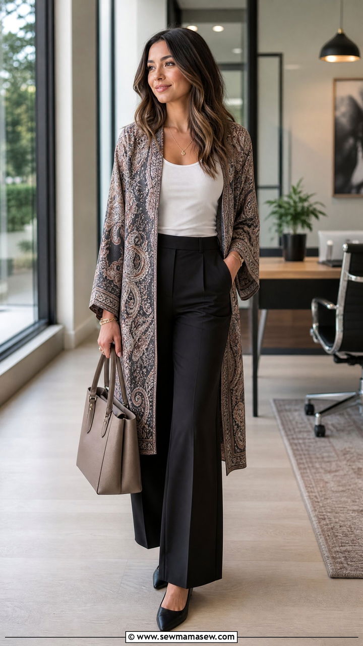 Classy Boho Kimono Over Tailored Trousers - 30 classy boho outfit ideas