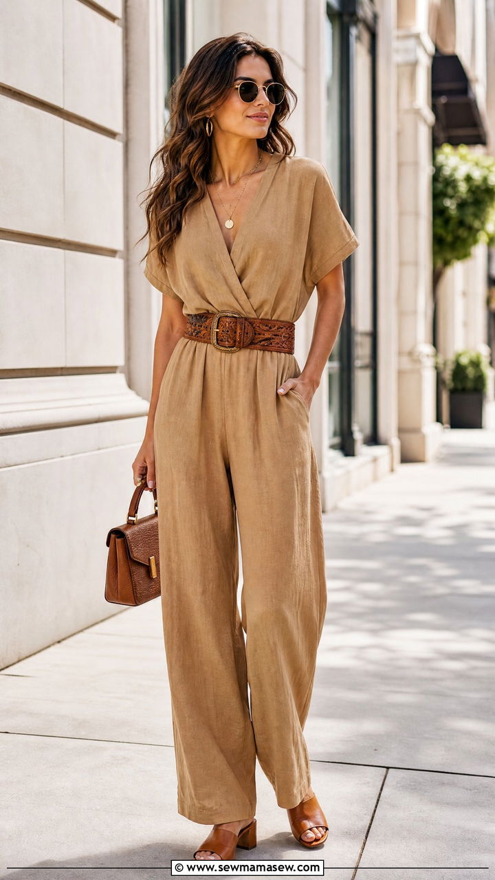 Classy Boho Linen Jumpsuit with Statement Belt - 30 classy boho outfit ideas