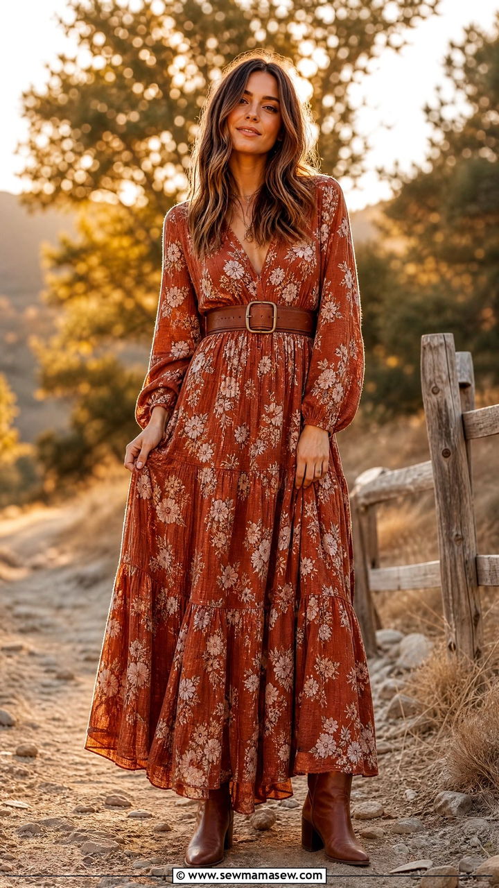 Classy Boho Maxi Dress with Ankle Boots - 30 classy boho outfit ideas