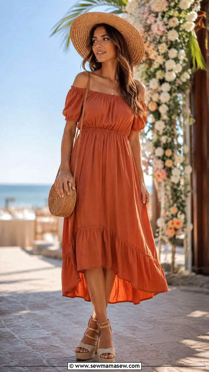 Classy Boho Off Shoulder Dress with Wedge Sandals - 30 classy boho outfit ideas