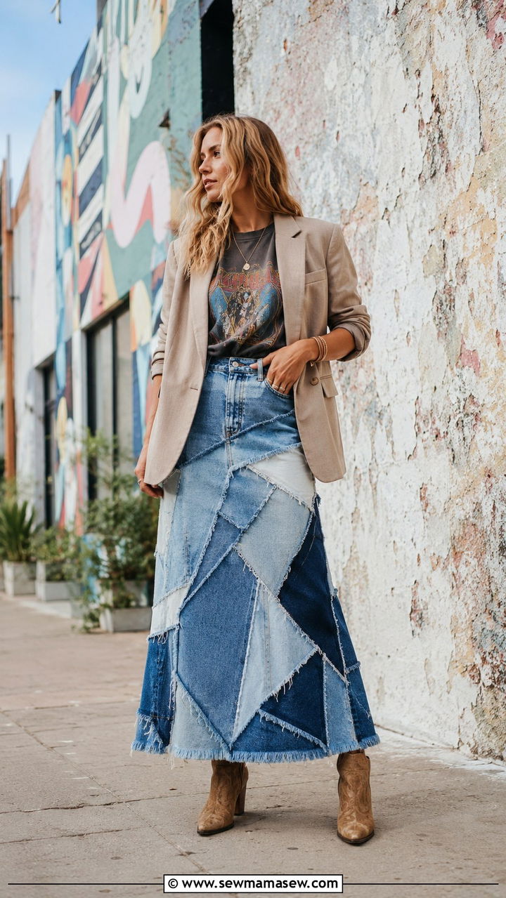 Classy Boho Patchwork Denim with Vintage Band Tee - 30 classy boho outfit ideas