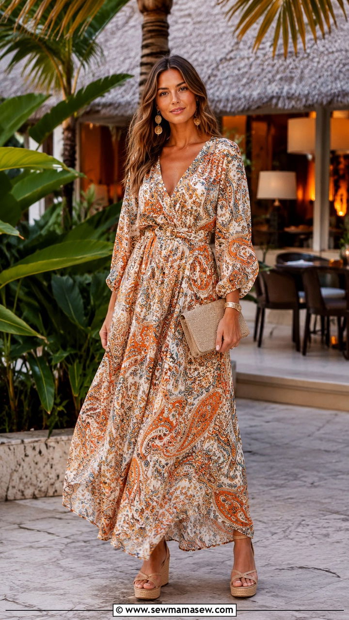 Classy Boho Printed Maxi with Wedge Sandals - 30 classy boho outfit ideas
