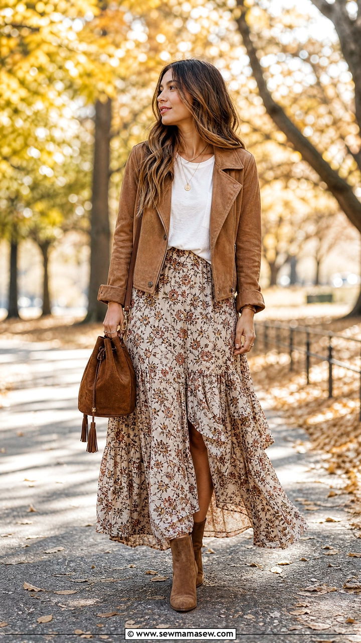 Classy Boho Suede Jacket with Maxi Skirt - 30 classy boho outfit ideas