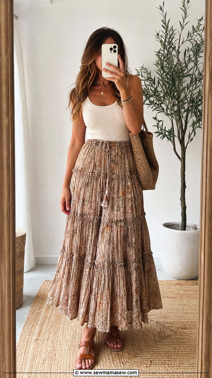 Classy Boho Tiered Skirt with Fitted Tank - 30 classy boho outfit ideas