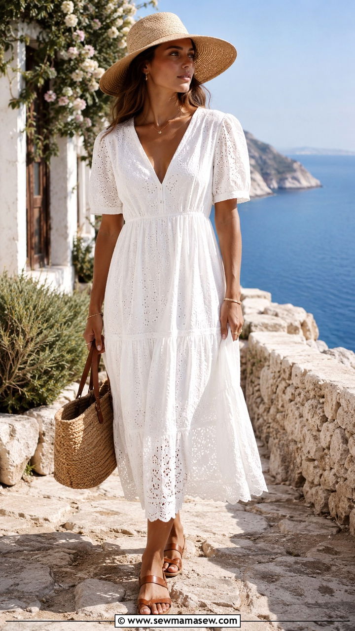 Classy Boho White Eyelet Dress with Straw Hat - 30 classy boho outfit ideas
