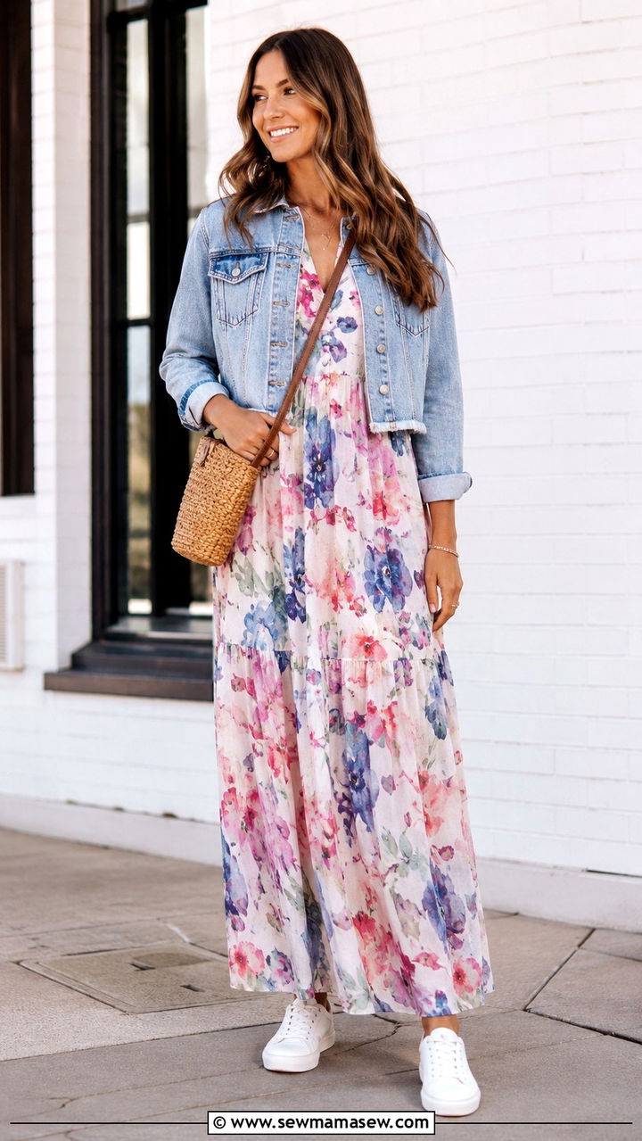 Classy Floral Maxi Dress with Denim Jacket - 30 classy maxi dress outfits
