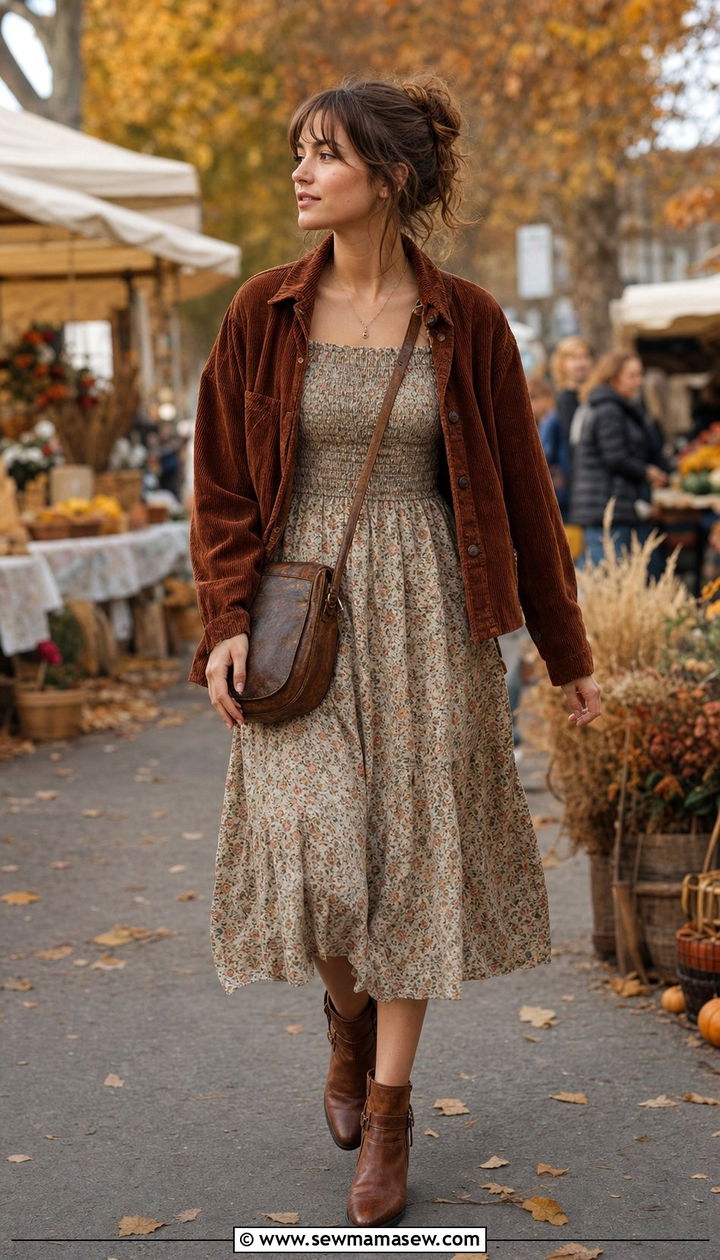 Classy Poetcore Corduroy Jacket and Floral Dress Outfit - 25 classy poetcore outfits