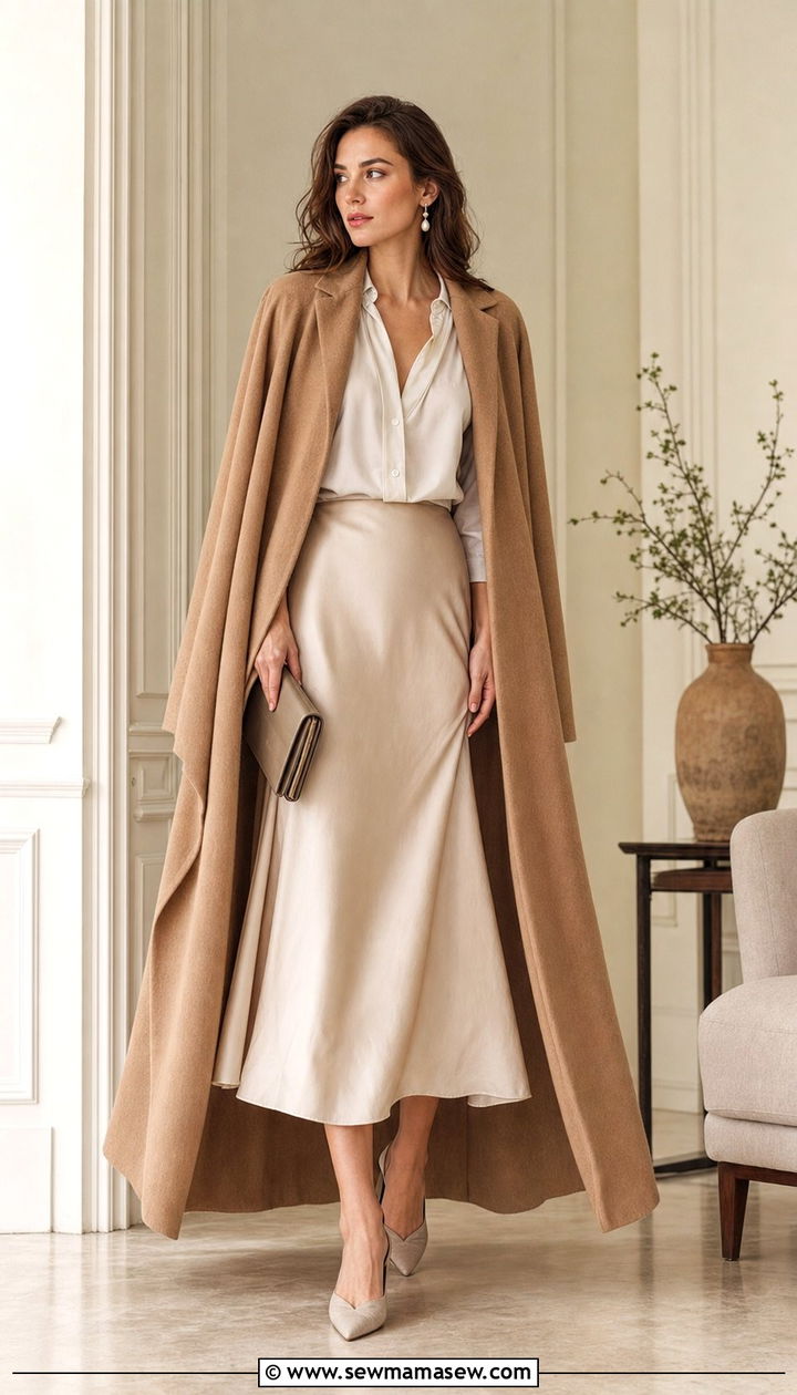 Classy Poetcore Draped Wool Coat and Satin Skirt Outfit - 25 classy poetcore outfits