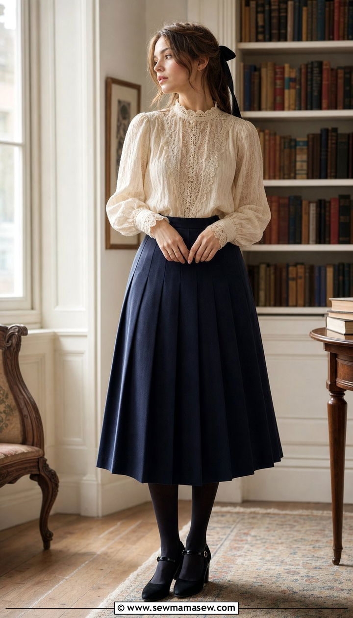 Classy Poetcore Lace Blouse and Pleated Skirt Outfit - 25 classy poetcore outfits