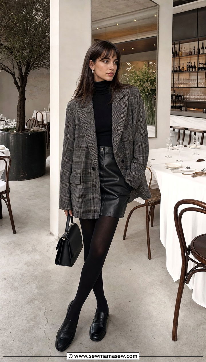 Classy Poetcore Plaid Blazer and Leather Mini Skirt Outfit - 25 classy poetcore outfits