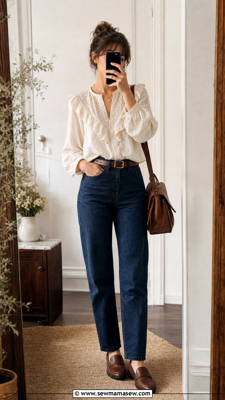 Classy Poetcore Ruffled Blouse and High Waisted Jeans Outfit - 25 classy poetcore outfits