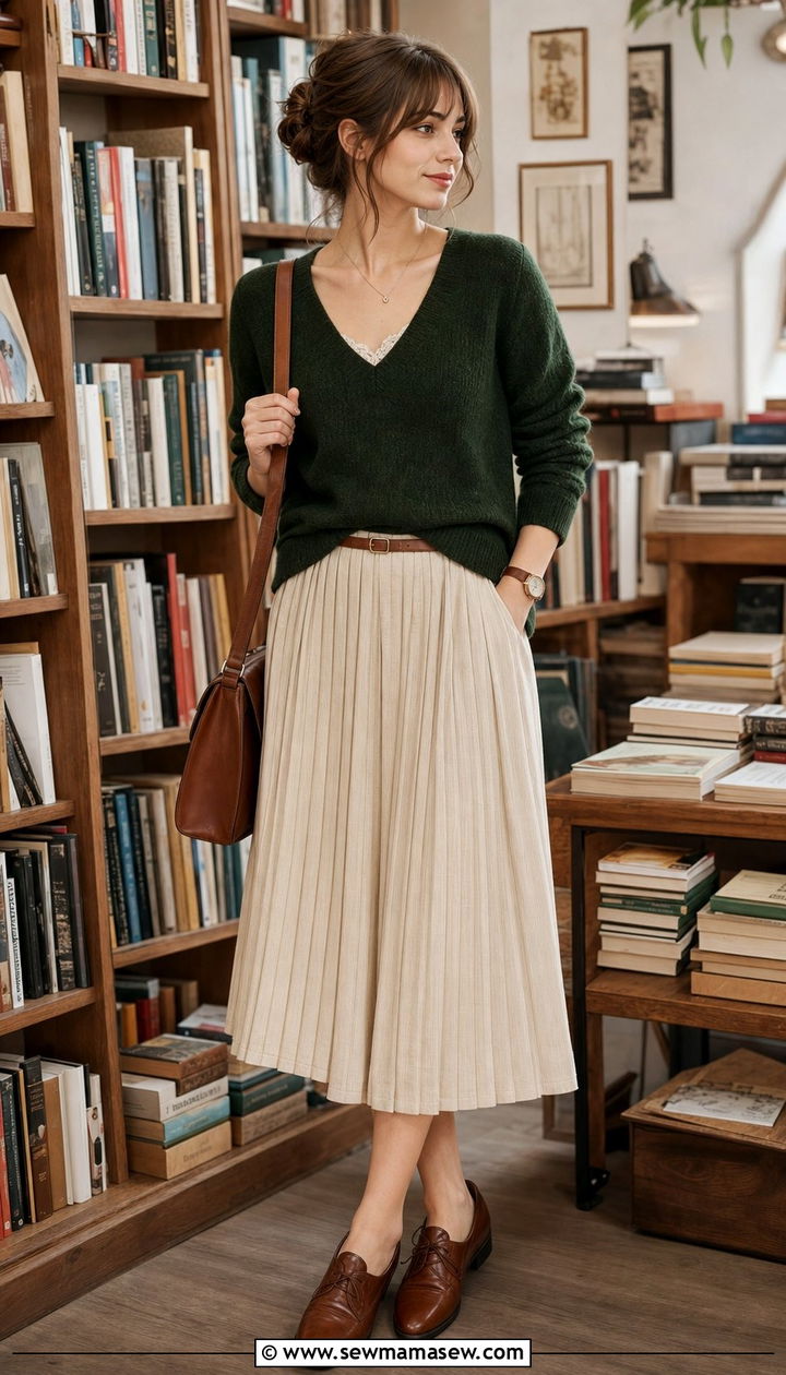 Classy Poetcore V Neck Sweater and Pleated Midi Skirt Outfit - 25 classy poetcore outfits