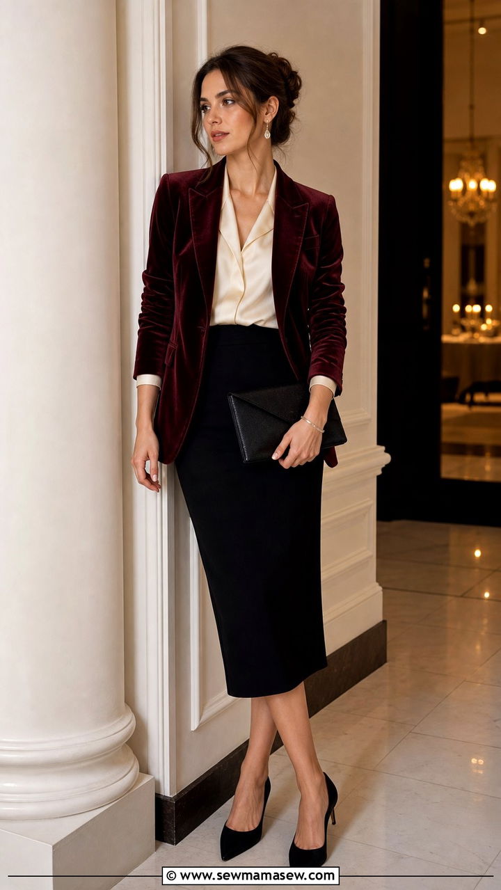 Classy Poetcore Velvet Blazer and Midi Pencil Skirt Outfit - 25 classy poetcore outfits