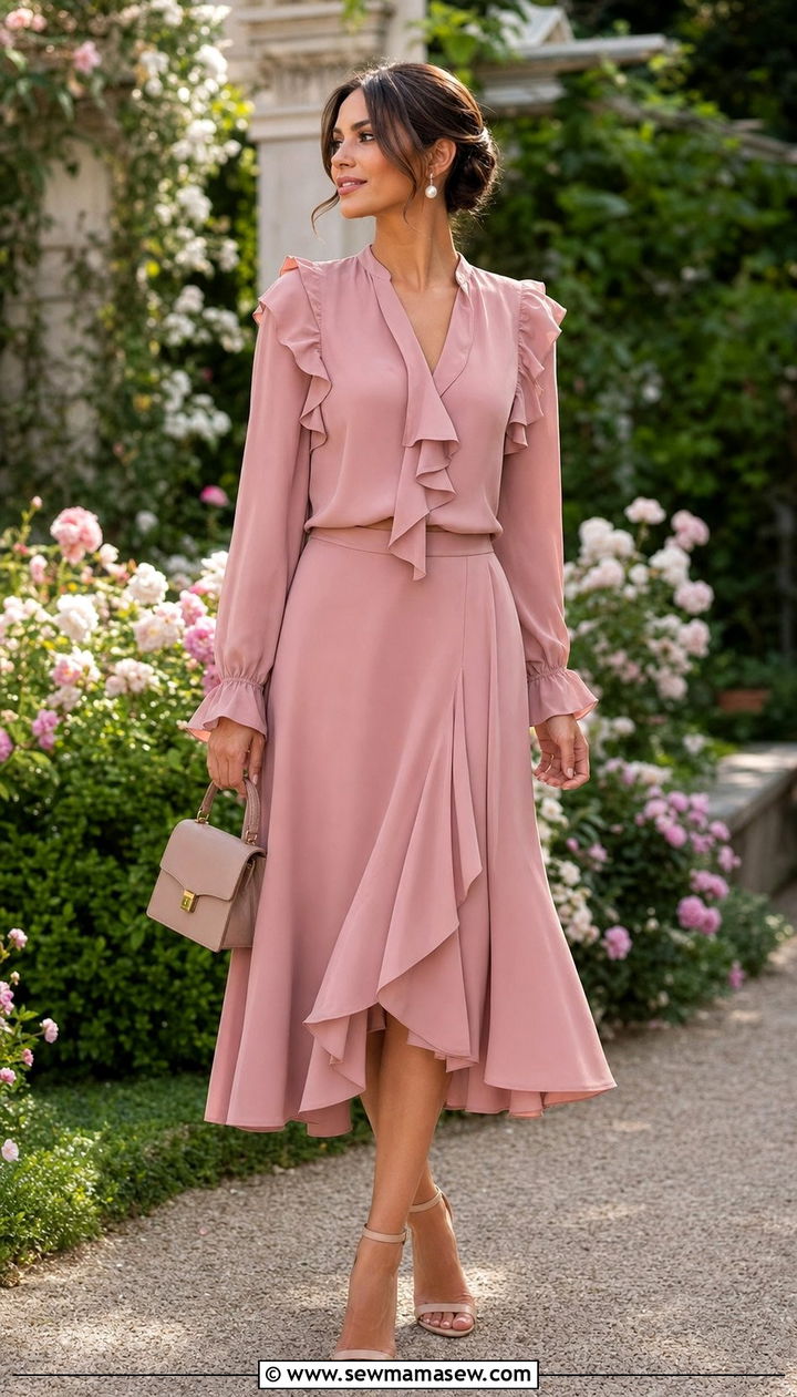 Classy Ruffled Blouse and Midi Skirt Set - 25 classy matching set outfits