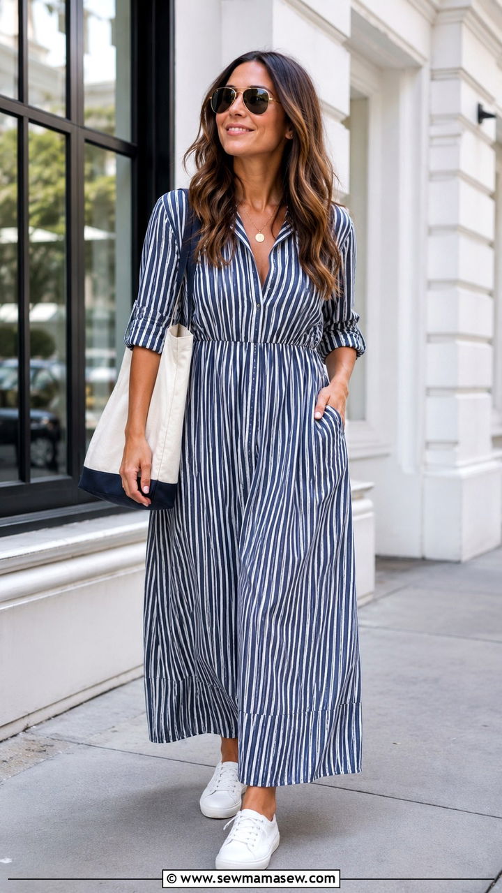 Classy Striped Maxi Dress with White Sneakers - 30 classy maxi dress outfits