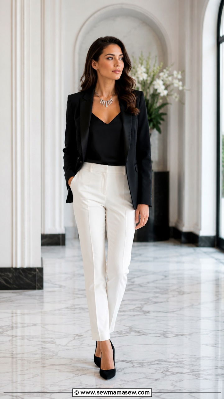 Classy White Suit Pants With Black Blazer - 30 office outfits Pinterest