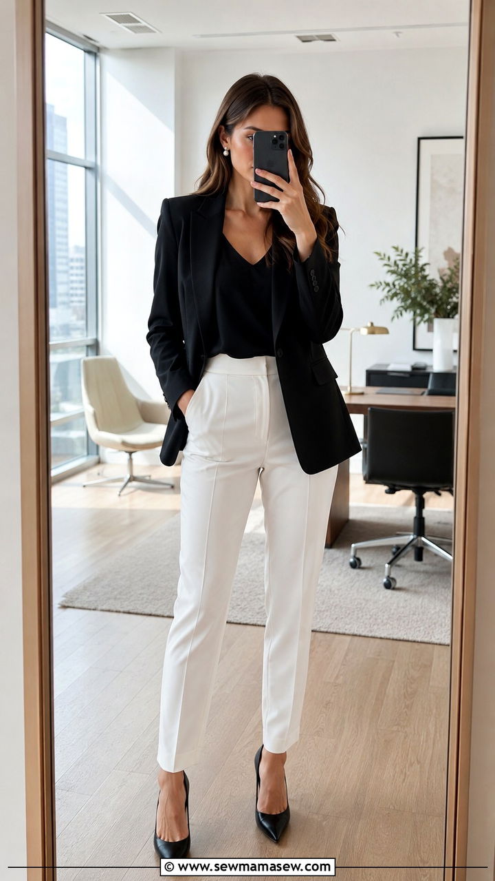 Classy White Suit Pants with Black Blazer - 30 Business casual outfits pinterest