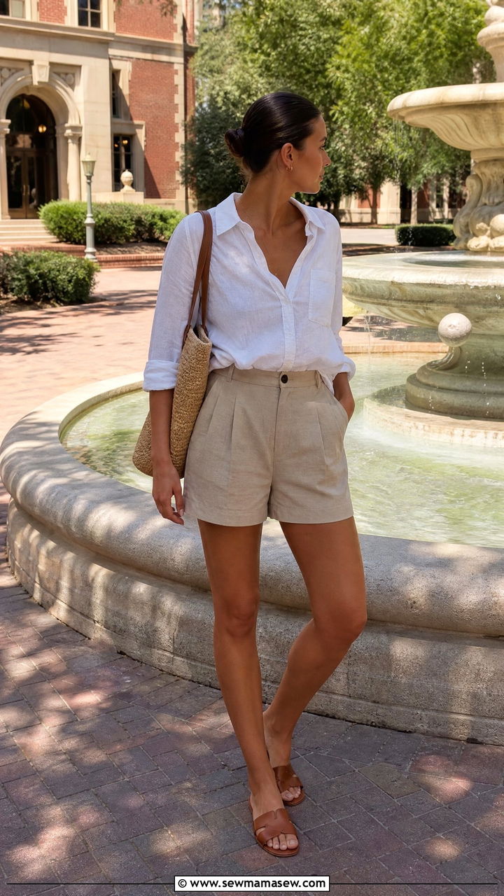 Clean Girl Aesthetic Linen Button Down And Tailored Shorts - 25 Fashion for college sophomore