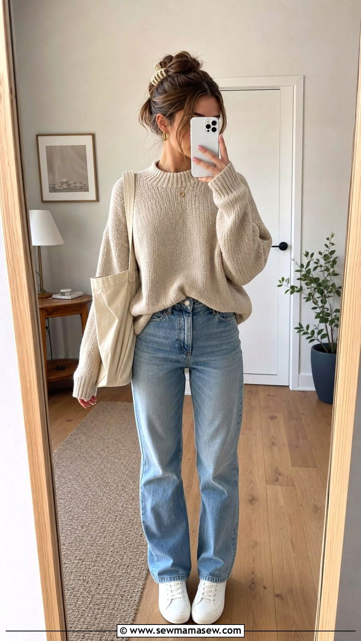 Clean Girl Claw Clip Hairstyle and Casual Knit Outfit - 25 Clean girl outfits for teens