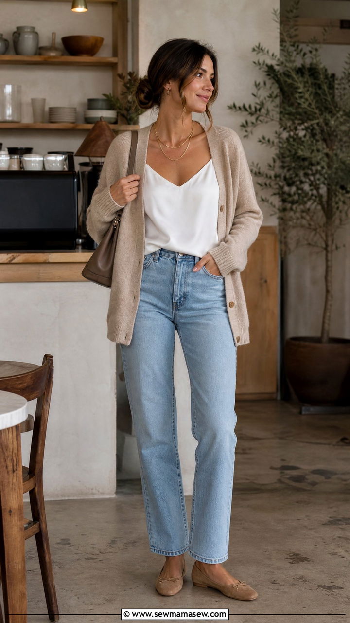 Clean Girl Outfit With Beige Cardigan And White Cami With Jeans - 30 clean girl capsule wardrobe outfits