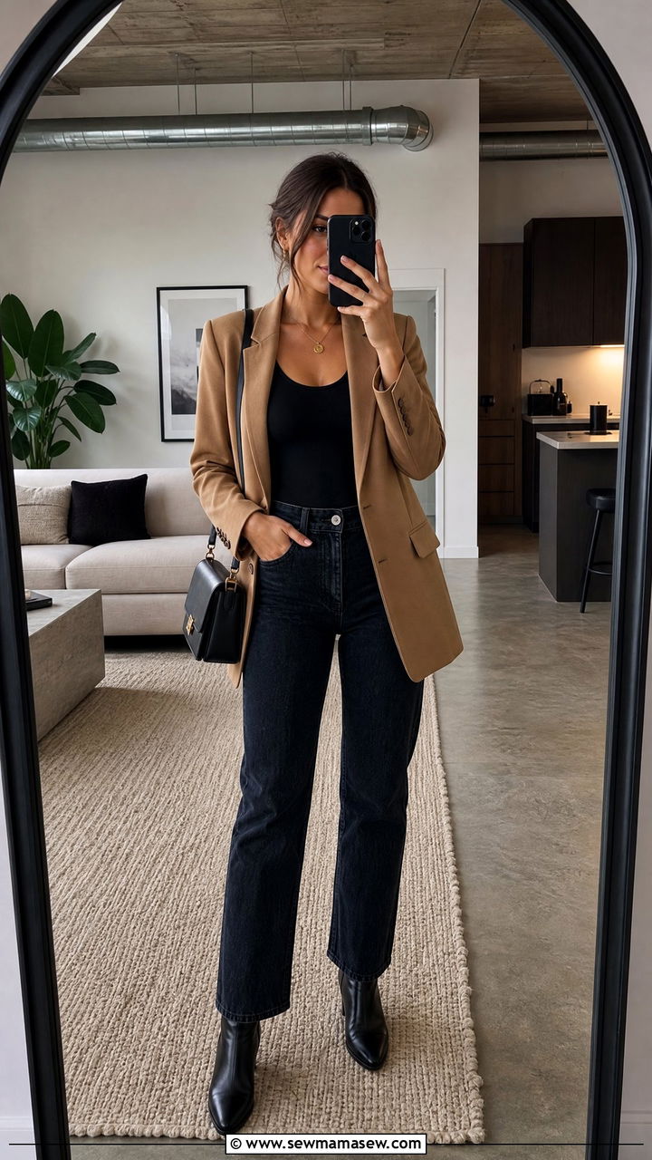 Clean Girl Outfit With Black Bodysuit and Dark Wash Straight Jeans - 30 clean girl capsule wardrobe outfits