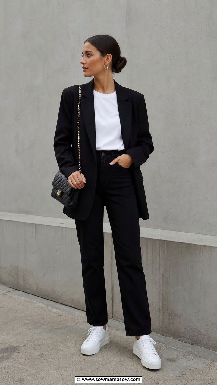 Clean Girl Outfit With Black Oversized Blazer And Black Straight Jeans - 30 clean girl capsule wardrobe outfits
