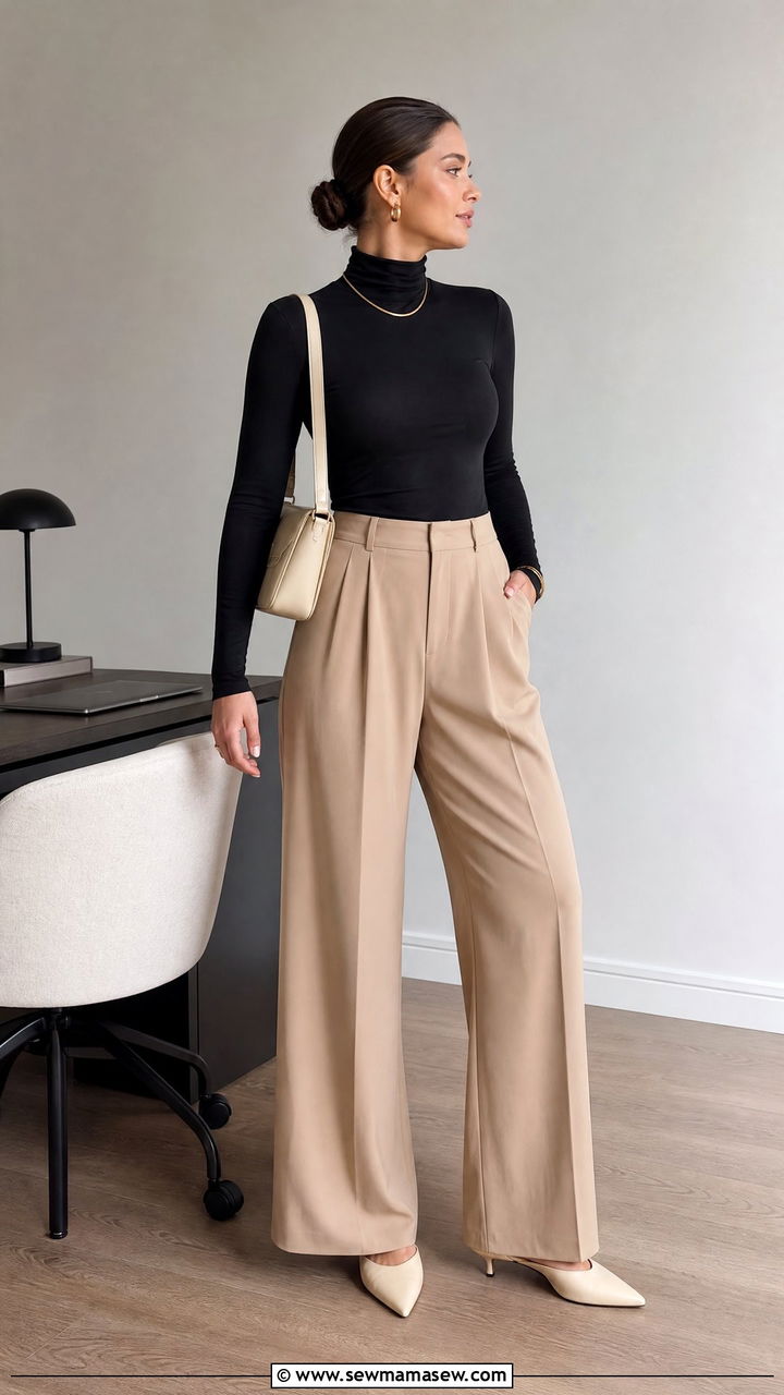 Clean Girl Outfit With Black Turtleneck And Beige WideLeg Trousers - 30 clean girl capsule wardrobe outfits