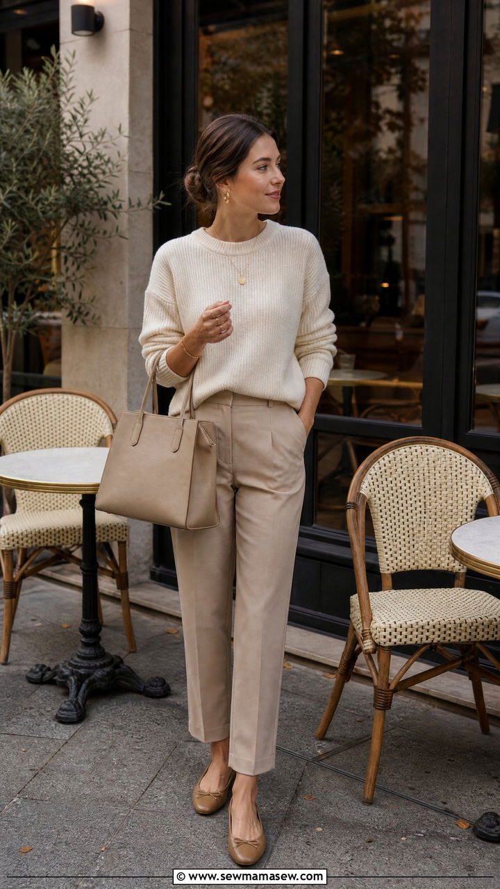 Clean Girl Outfit With Cream Knit Sweater and Beige Tailored Trousers - 30 clean girl capsule wardrobe outfits