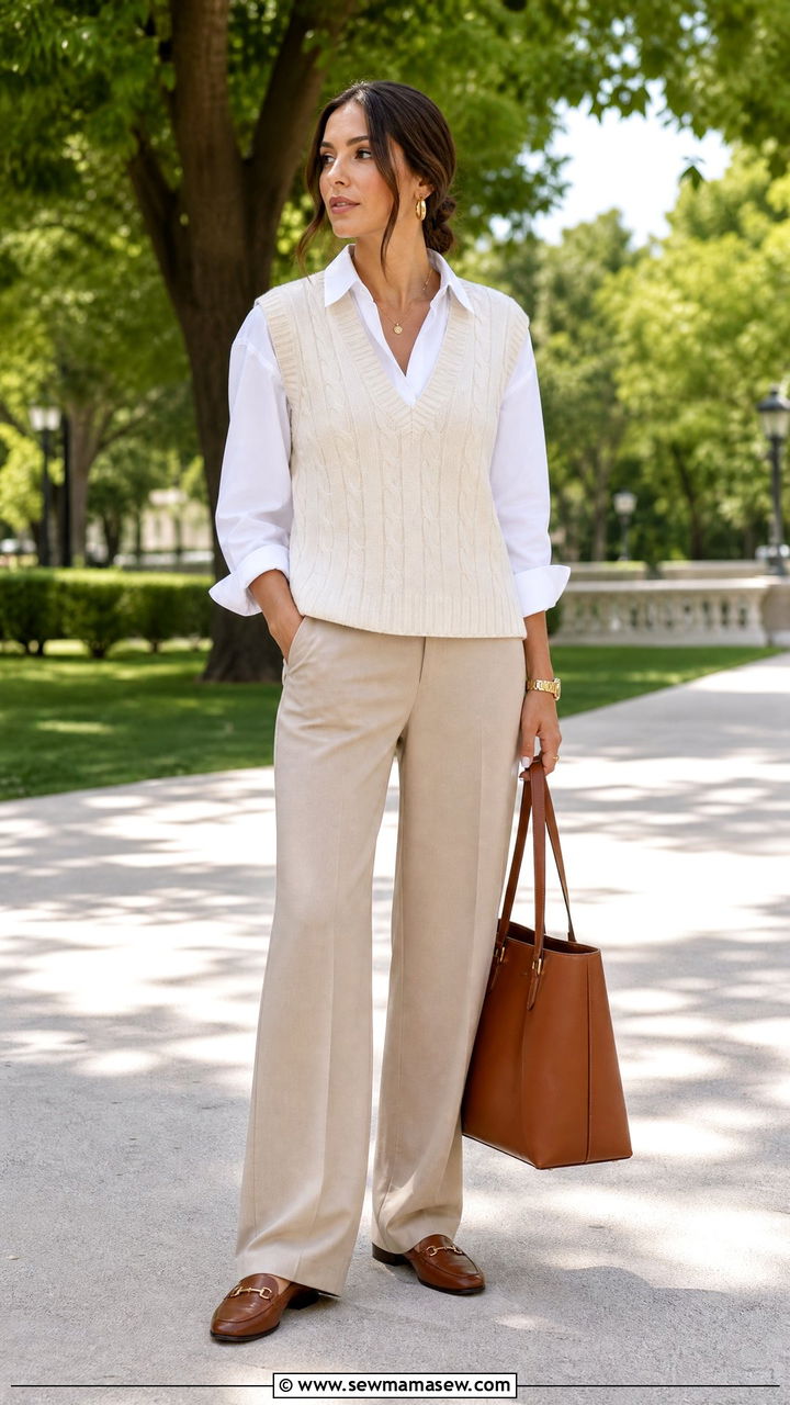 Clean Girl Outfit With Cream Knit Vest And WideLeg Trousers - 30 clean girl capsule wardrobe outfits
