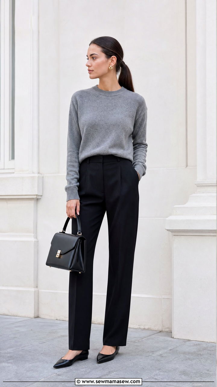 Clean Girl Outfit With Grey Cashmere Sweater And Black Tailored Trousers - 30 clean girl capsule wardrobe outfits