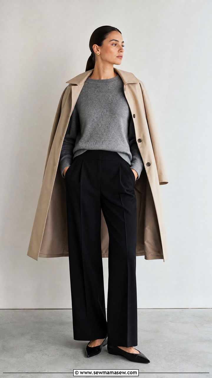 Clean Girl Outfit With Grey Crewneck Sweater and Black Trousers - 30 clean girl capsule wardrobe outfits