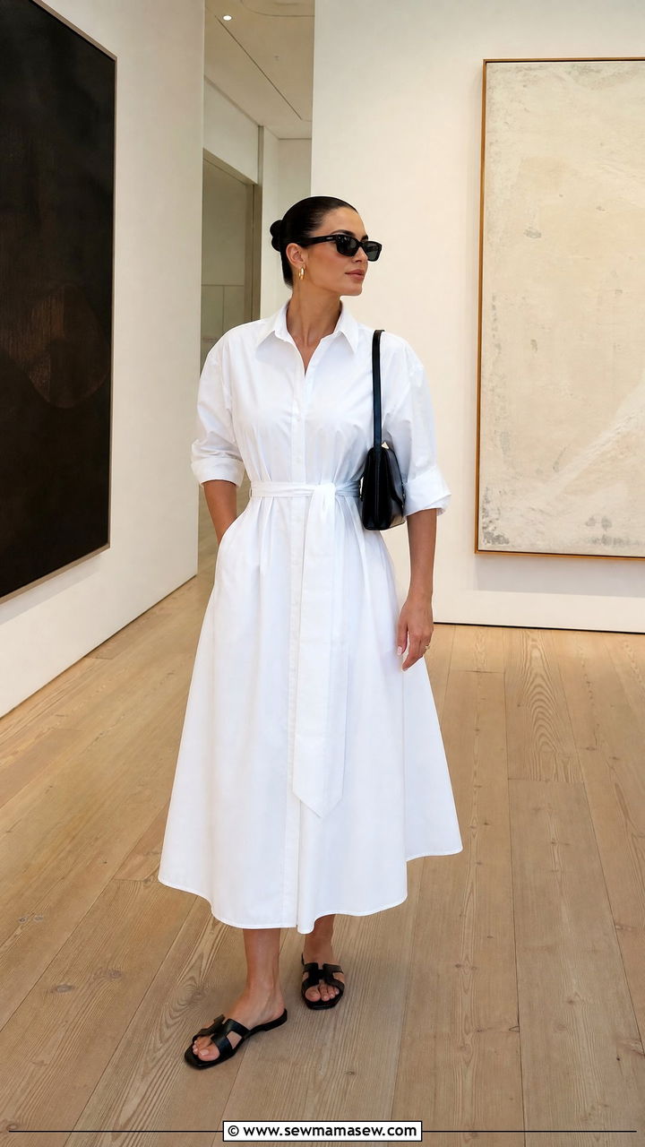 Clean Girl Outfit With White Poplin Midi Dress And Black Accessories - 30 clean girl capsule wardrobe outfits