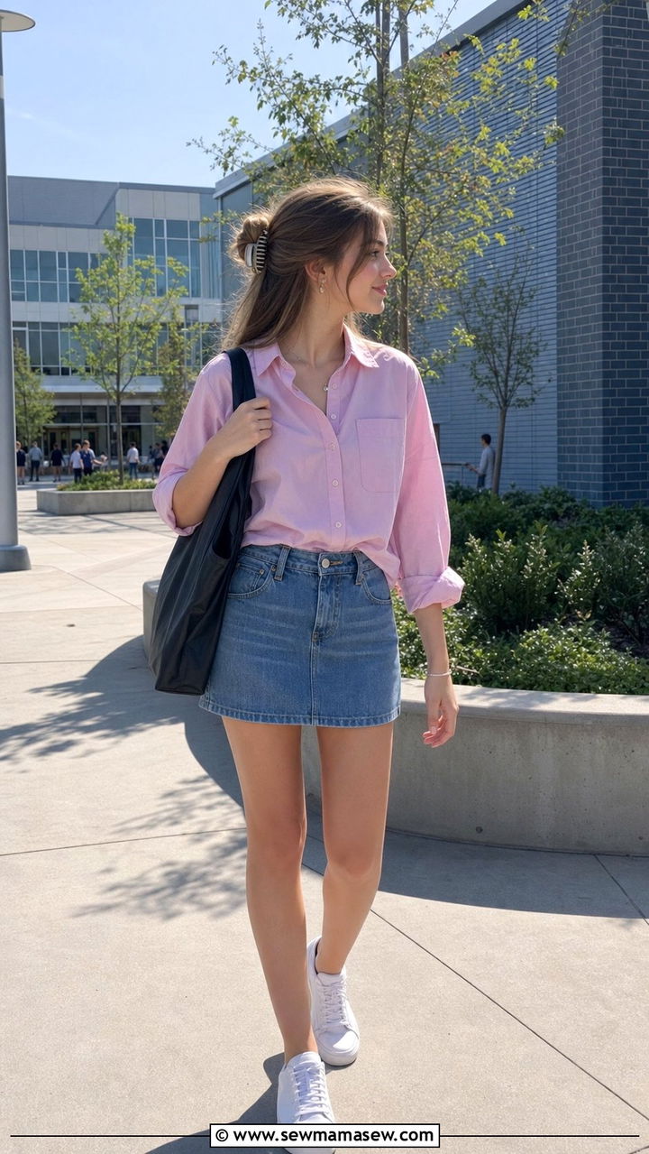 Clean Girl Pink Button Up and Denim Mini Skirt Outfit - 25 Clean girl outfits for teens