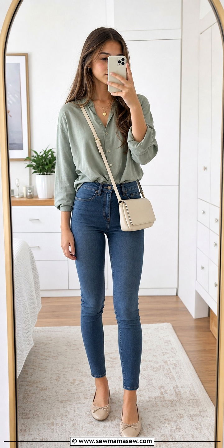 Clean Girl Sage Green Blouse and Skinny Jeans Outfit - 25 Clean girl outfits for teens