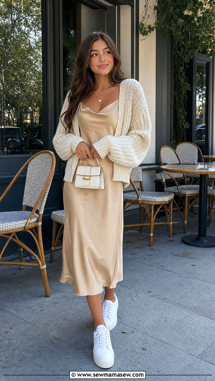 Clean Girl Slip Dress and Chunky Cardigan Outfit - 25 Clean girl outfits for teens