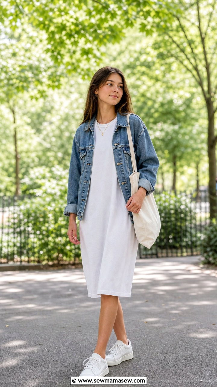 Clean Girl T Shirt Dress and Denim Jacket Outfit - 25 Clean girl outfits for teens