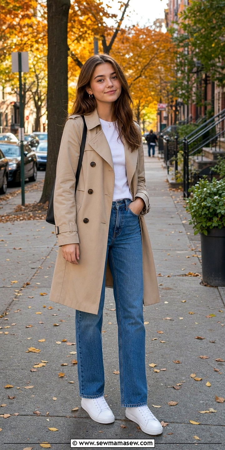 Clean Girl Trench Coat and White Sneakers Outfit - 25 Clean girl outfits for teens
